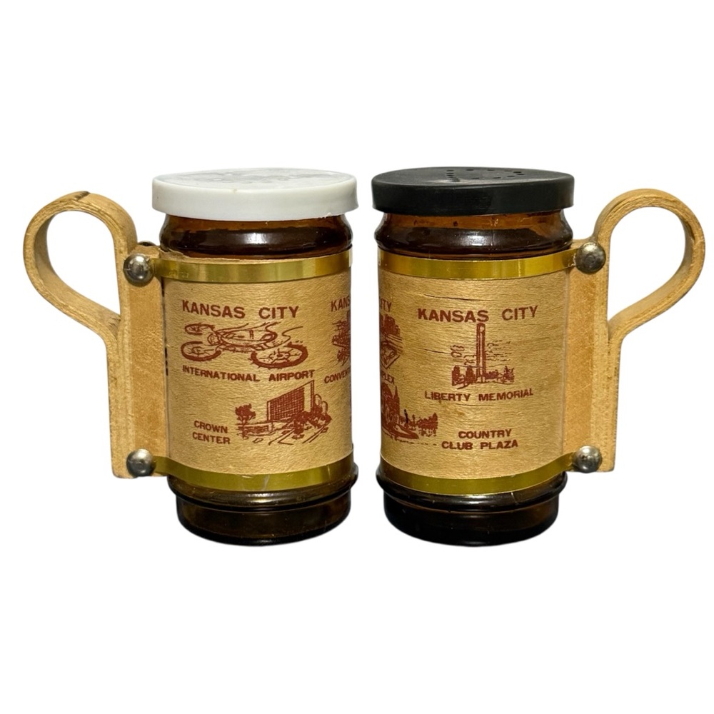 Vintage Amber Glass & Wood Kansas City Souvenir Salt & Pepper Shakers